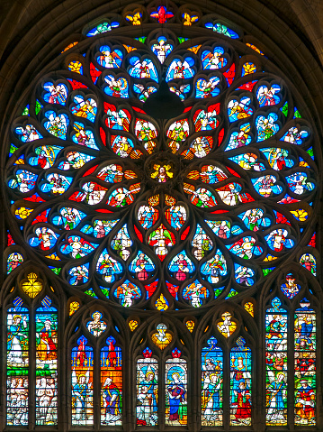 Stained glass windows in the Saint-Lô church, a 19th century Catholic church located in Bourg-Achard in Eure, Normandy.