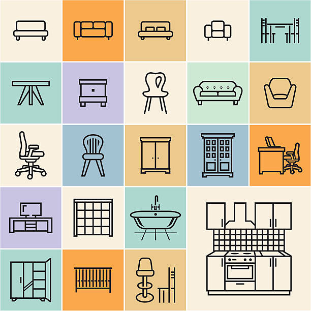 Flat furniture outline icons set. Furniture icons. Isolated flat furniture outline icons set. bedroom patterns stock illustrations
