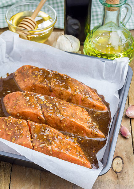 Salmon fillet with balsamic honey sauce in baking dish, raw