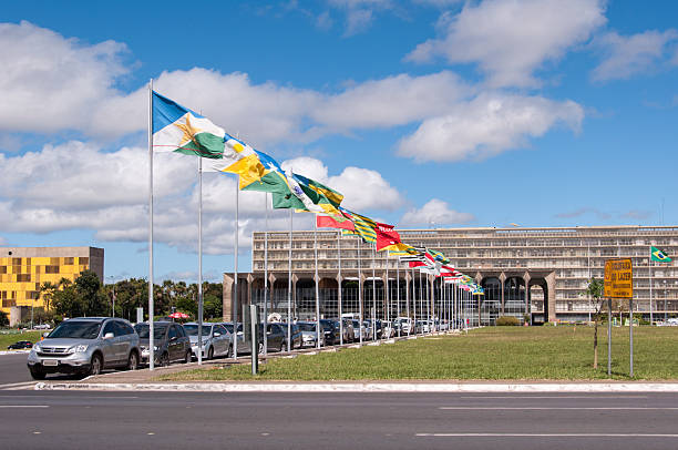 Brasilia, Brazil - June 7, 2015: Flags of the States of Brazil. The Federative Republic of Brazil is a union of twenty-seven Federative Units.