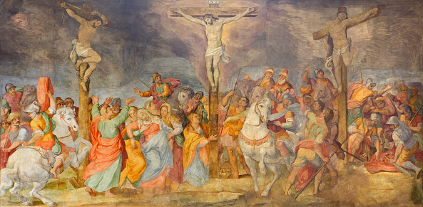Rome, Italy - March 25, 2015: The Crucifixion fresco in church Chiesa San Marcello al Corso by G. B. Ricci (1613).