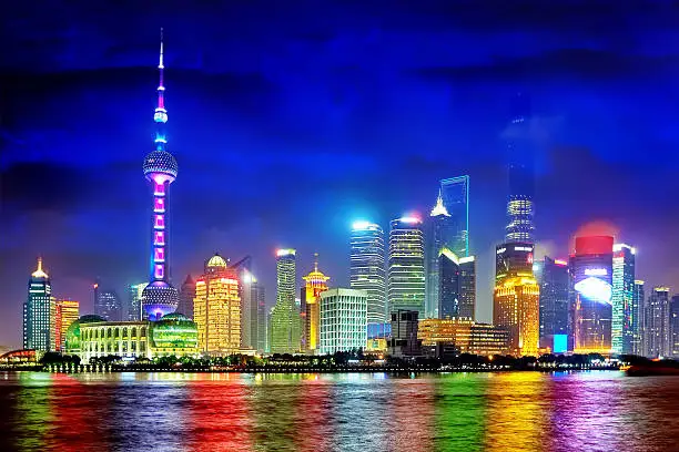 Beautiful Shanghai Pudong skyline view from the Bund waterfront, China.