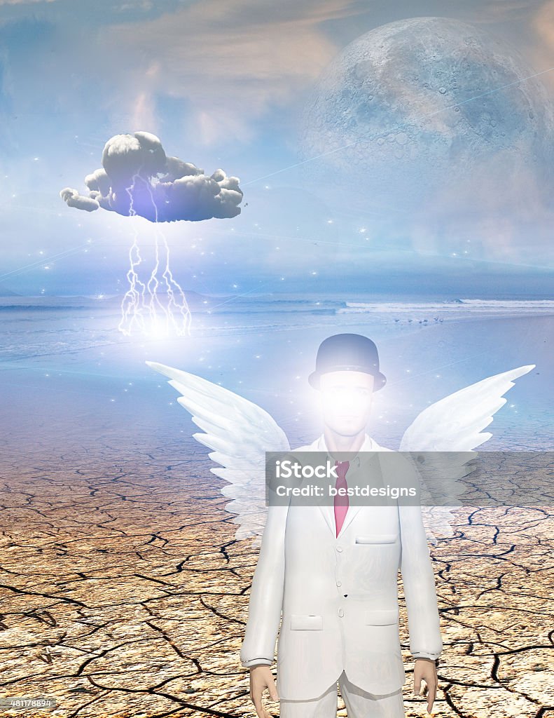 Winged figure Winged figure with obscured face in surreal landscape 2015 Stock Photo