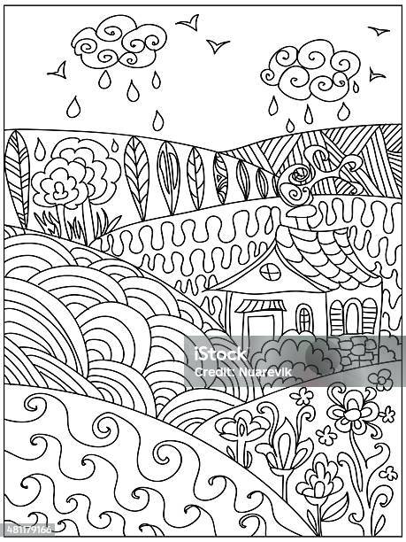 Landscape Coloring Pattern Stock Illustration - Download Image Now - Child, Coloring, Mandala