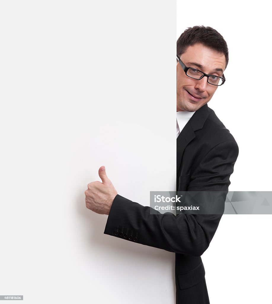 Happy Businessman Holding Blank Billboard Happy Businessman Holding Blank Billboard On White Background Adult Stock Photo