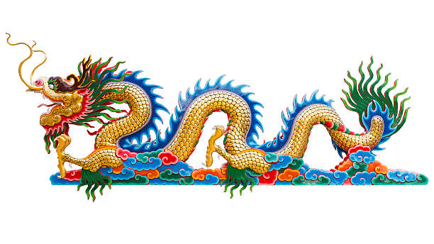 chinês dragão dourado isolada sobre fundo branco. traçado de recorte. - asia religion statue chinese culture - fotografias e filmes do acervo