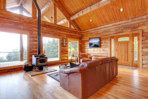 istock Luxury log cabin living room with leather sofa. 481182137