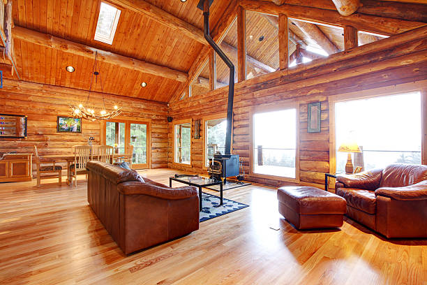 istock Luxury log cabin living room with leather sofa. 481182183