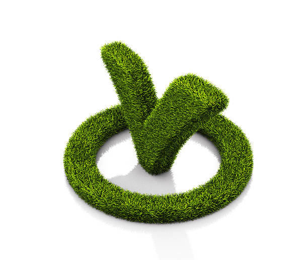 istock Green grassed check mark symbol in the circle on white 481187922