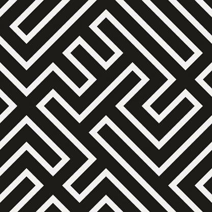 Seamless modern geometric black maze pattern on white textured paper