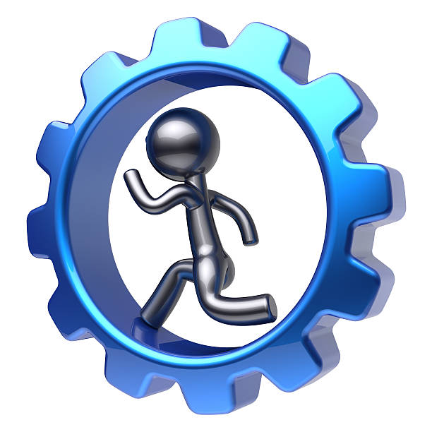 istock Man character running inside gearwheel businessman work 481190398