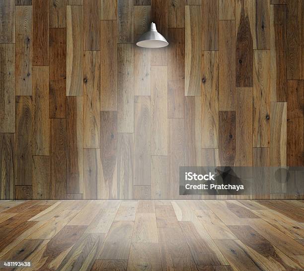 Lamp At Wooden Platform And Wooden Wall Stock Photo - Download Image Now - 2015, Backgrounds, Border - Frame