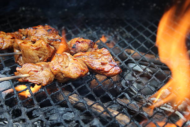 pronti o un barbecue sulla griglia con fiamme - asian culture barbecue chicken smoke foto e immagini stock