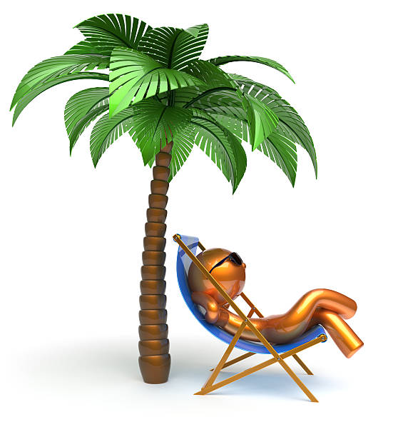 homme de caractère palm tree relaxant chaise longue détente sur la plage - beach tropical climate palm tree deck chair photos et images de collection