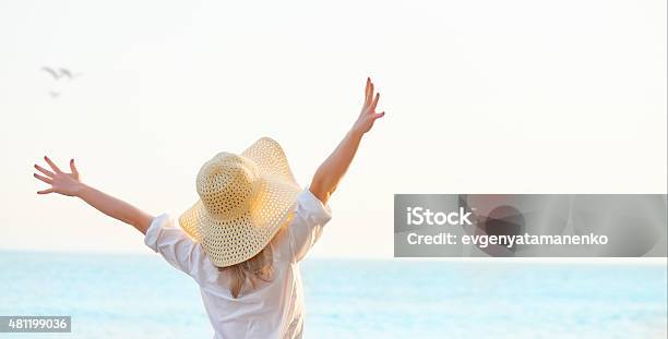 Happy Woman Enjoy Life On Beach Stock Photo - Download Image Now - 2015, Adult, Air Vehicle