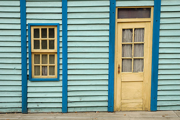 istock Wooden wall with window and door 481207645