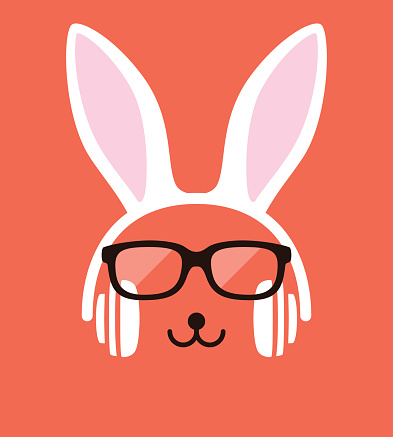 Cartoon Rabbit wearing a headsett and glasses, enjoy the music,vector