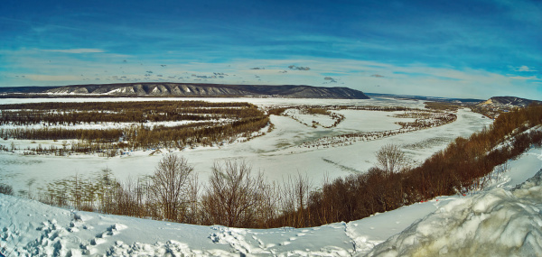 Early spring. View of the Volga River from the high bank.