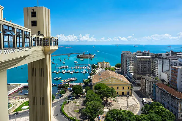 Lacerda Elevator and All Saints Bay in Salvador, Bahia, Brazil.