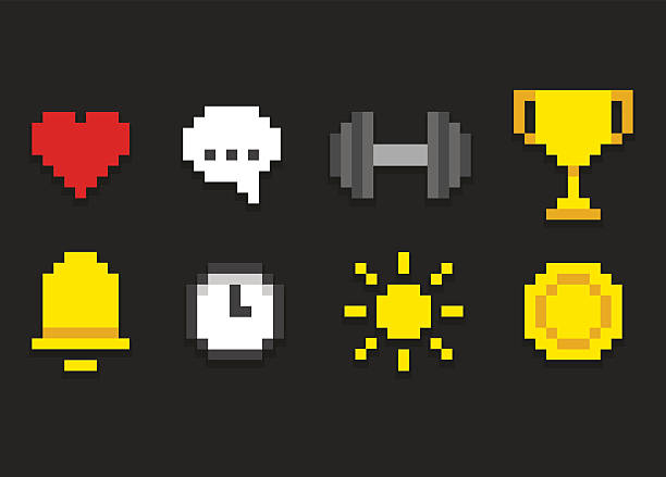 Pixel icons for app, web or video game interface. Health and activity, alarm and notification and more.