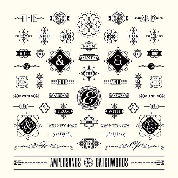 illustrazioni stock, clip art, cartoni animati e icone di tendenza di set di catchwords ampersands in forma geometrica retrò vintage frame - frame ornate single line in a row