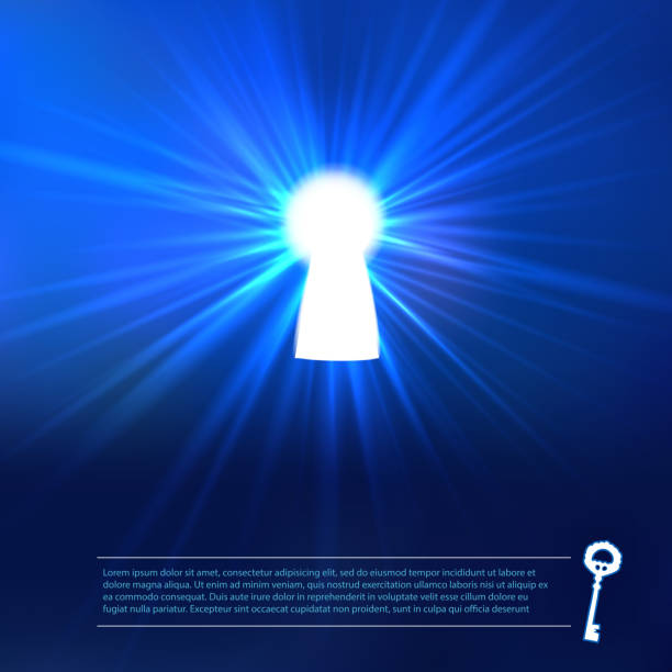 ilustrações de stock, clip art, desenhos animados e ícones de buraco de fechadura luz em fundo azul - buraco-de-fechadura