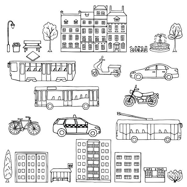ilustrações de stock, clip art, desenhos animados e ícones de mão desenhado conjunto de fundos de transporte - troleicarro