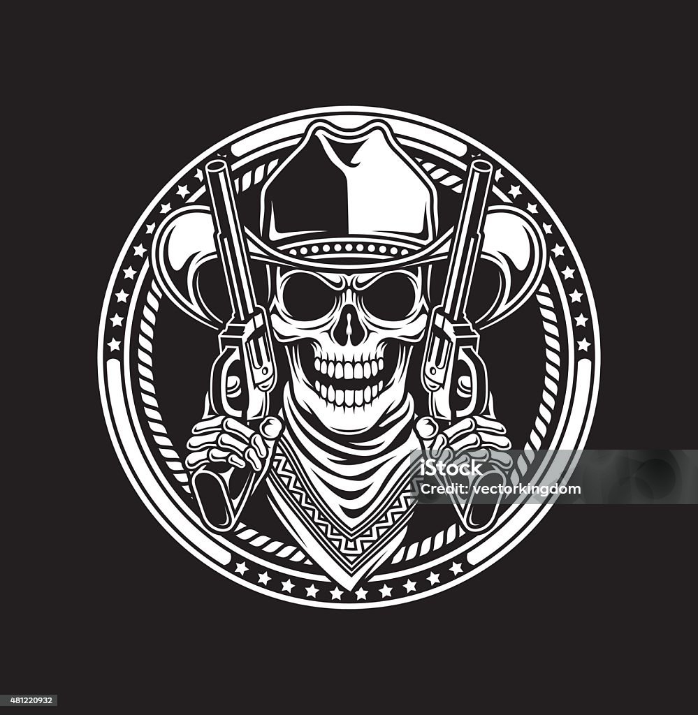 Cowboy Skull Hold Guns fully editable vector illustration of cowboy skull hold guns on black background, image suitable for emblem, insignia, crest, graphic t-shirt, or tattoo Cowboy stock vector