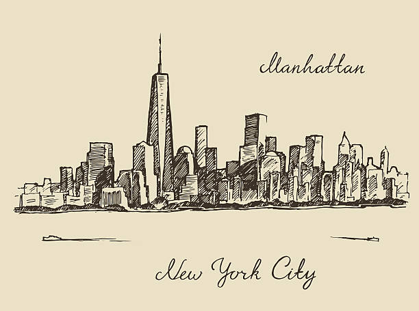 illustrazioni stock, clip art, cartoni animati e icone di tendenza di manhattan di new york city illustrazione incisa - new york city skyline silhouette manhattan