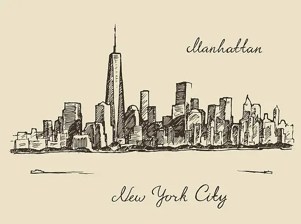 Vector illustration of Manhattan New York city engraved illustration