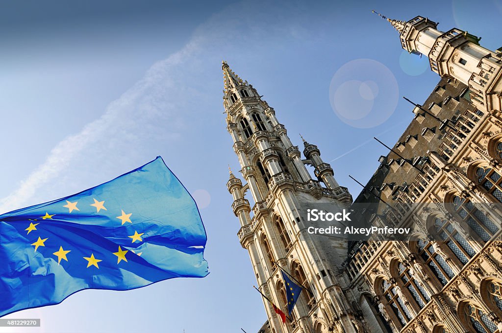 The townhall of Brussels The townhall of Brussels and a flag of European Union 2015 Stock Photo