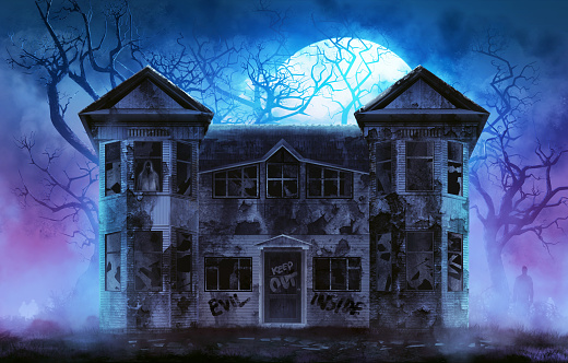 Old wooden grungy dark evil haunted house with evil spirits with full moon cold fog atmosphere and trees illustration.