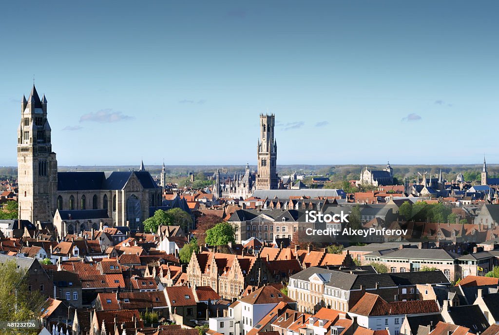 Panorama of aerial view of Bruges (Brugge) The townhall of Brussels and a flag of European UnionPanorama of aerial view of Bruges (Brugge), Belgium 2015 Stock Photo