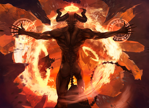 Burning diabolic demon summons evil forces and opens hell portal with ancient alchemy signs illustration.