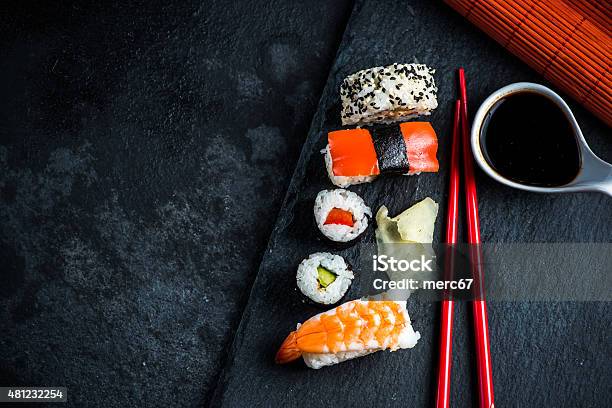 Sushi Selection On Black Slate Stock Photo - Download Image Now - 2015, Asia, Asian and Indian Ethnicities