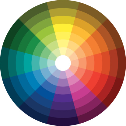 Twelve basic colors in a circle, graduated from the brightest to the darkest gradation. Isolated vectors on white background.