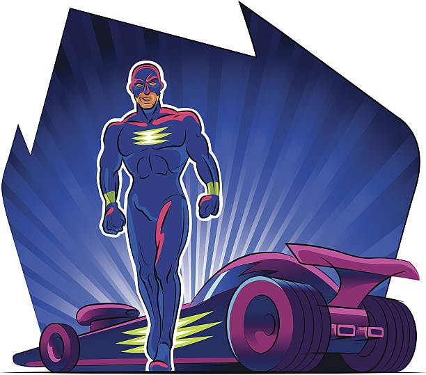 ilustrações, clipart, desenhos animados e ícones de super-herói.  supercar.  ilustração em vetor de fundo - back rear view men muscular build