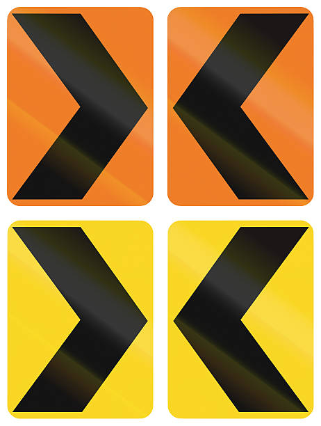 Chevron Alignments In Canada Collection of Canadian chevron alignments pointing to the left and right. This sign is used in Ontario. road chevron warning signs stock pictures, royalty-free photos & images