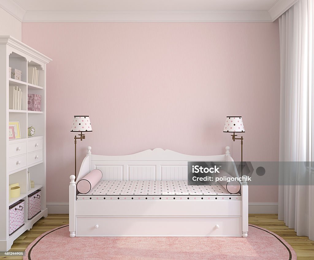 Interior of toddler room. Interior of toddler room with white furniture and pink wall. Frontal view. 3d render. Playroom Stock Photo