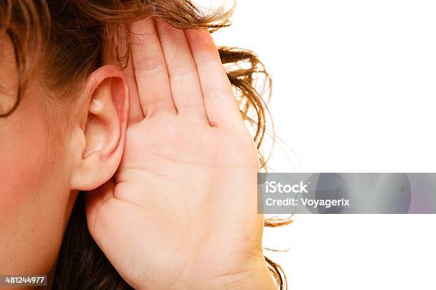 Part Of Head Woman With Hand To Ear Listening Stock Photo - Download Image Now - Adult, Communication, Concepts