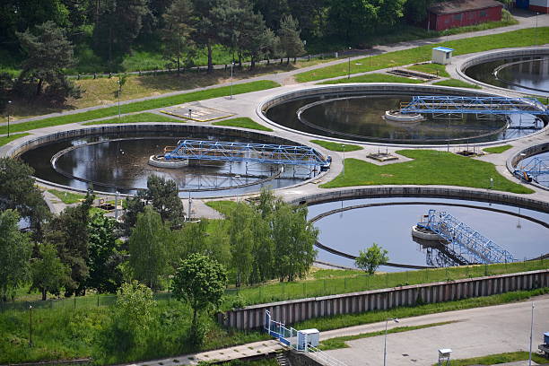 Aerial view of sewage water treatment plant stock photo