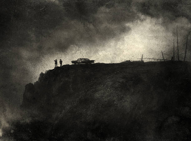 Noir scene Police officer and sheriff, standing on the egde of the cliff. Handmade painting, acrylic on paper & post processing. film noir style stock illustrations