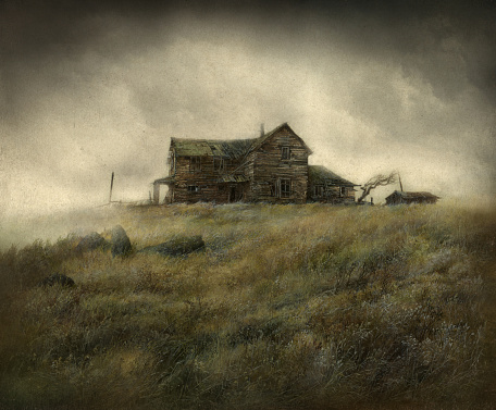 An abandoned Old West house on the hill. Handmade painting, acrylic on paper & post processing.