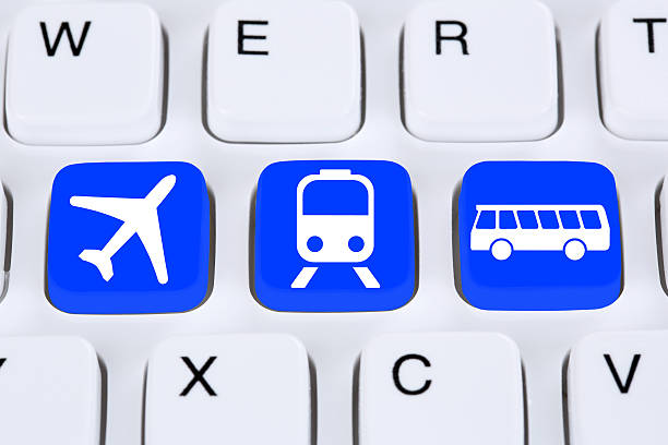 istock Book a trip travel online internet with bus, airplane train 481248904
