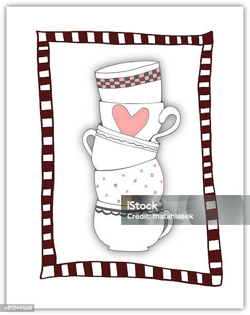 Stack Of Towering Cups In Red Stripey Frame Stock Illustration - Download Image Now - 2015, Affectionate, Alcohol - Drink