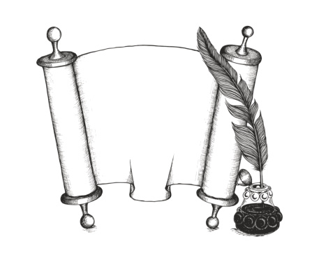 Torah set symbols: quill pen, Torus scroll, beauty inkwell. Vector illustration. EPS10