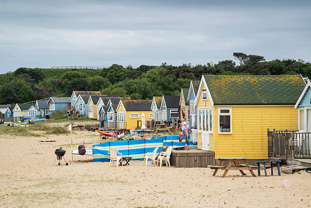 istock Lovely beach huts on sand dunes and beach landscape 481254842