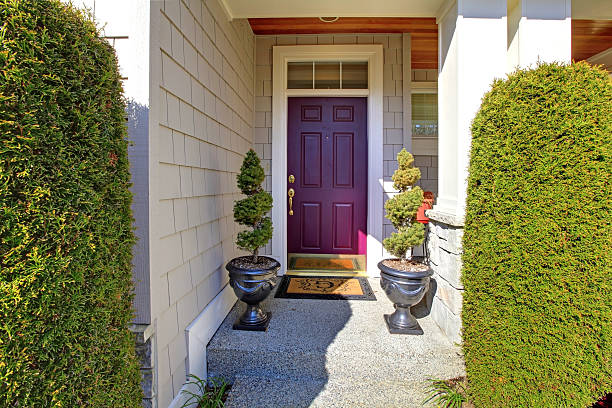 istock Front door in purple plum color with nice landscape. 481258325