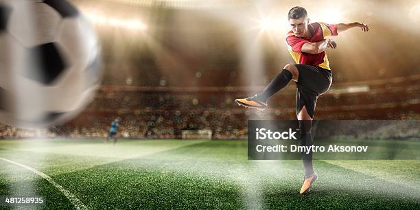Soccer Players In Stadium Stock Photo - Download Image Now - Activity, Athlete, Floodlight