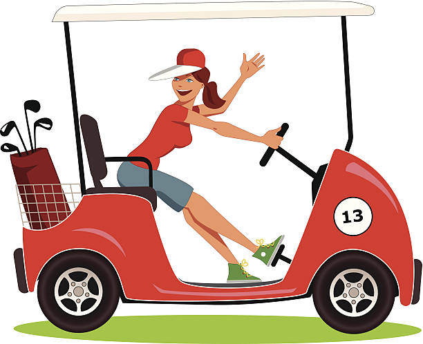 ilustrações, clipart, desenhos animados e ícones de mulher dirigindo um carrinho de golfe - golf cart golf mode of transport transportation